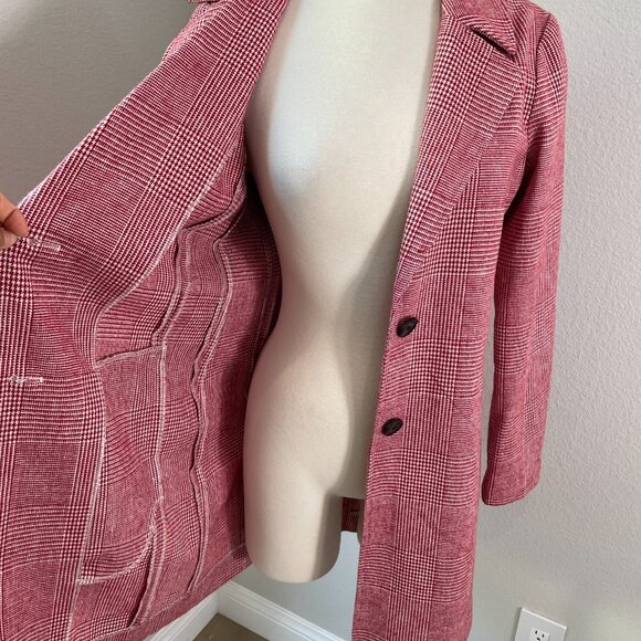 Avec Les Filles Womens Small Red White Plaid Notch Collar Trench Jacket Coat - Picture 4 of 12